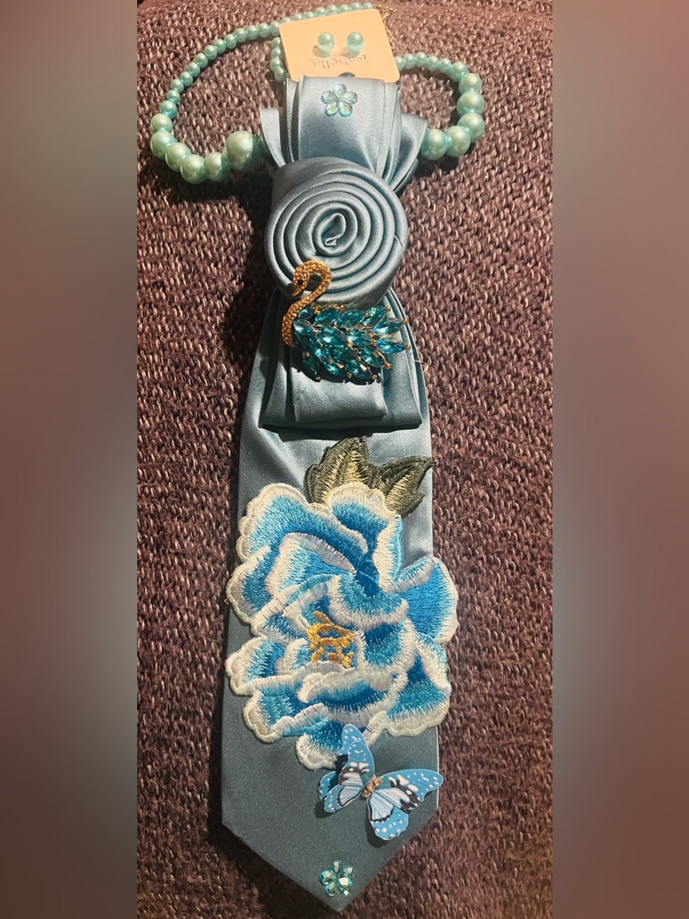 Blue Satin Floral Tie with Crystal Swan Accent